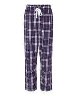 Purple and white flannel pants with white bow drawstring