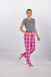 Girl model in grey tshirt and pink orchid flannel pants