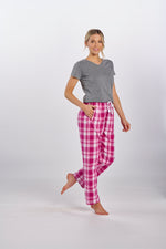 Girl model in grey tshirt and pink orchid flannel pants