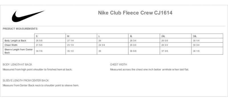 Nike Club Fleece Crewneck Measurement Chart