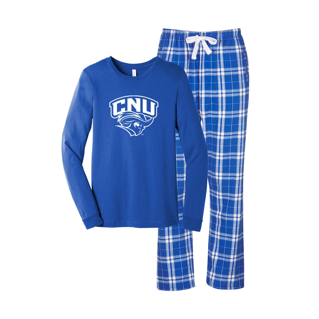 Christopher Newport University Flannel  Pj Set.  Royal blue long sleeve tshirt printed with the CNU Captain logo in white.  Comes with royal and white flannel pants.