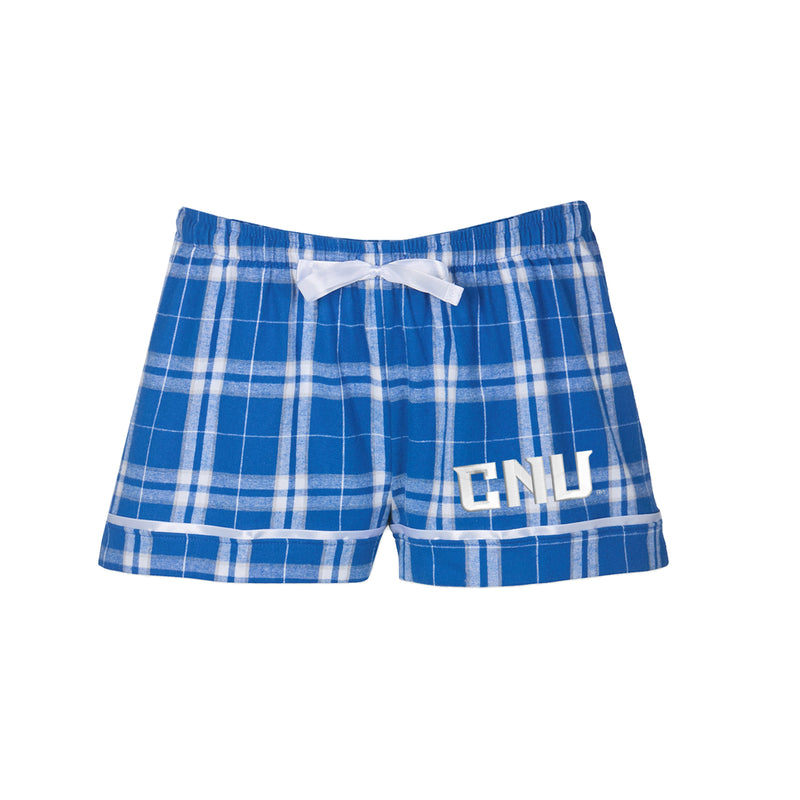 Christopher Newport University Flannel Boxer Shorts.  Flannel girls pajama bottom shorts embroidered with the CNU letters.  Available in Navy and Royal plaid.