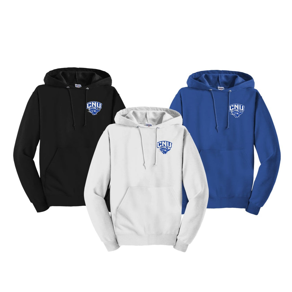 Christopher Newport University Hooded sweatshirt embroidered with the CNU Captain Mascot on the left chest. CNU Captain Logo Embroidered Hooded Pullover comes in royal, white or black.  Unisex sizing S-4XL