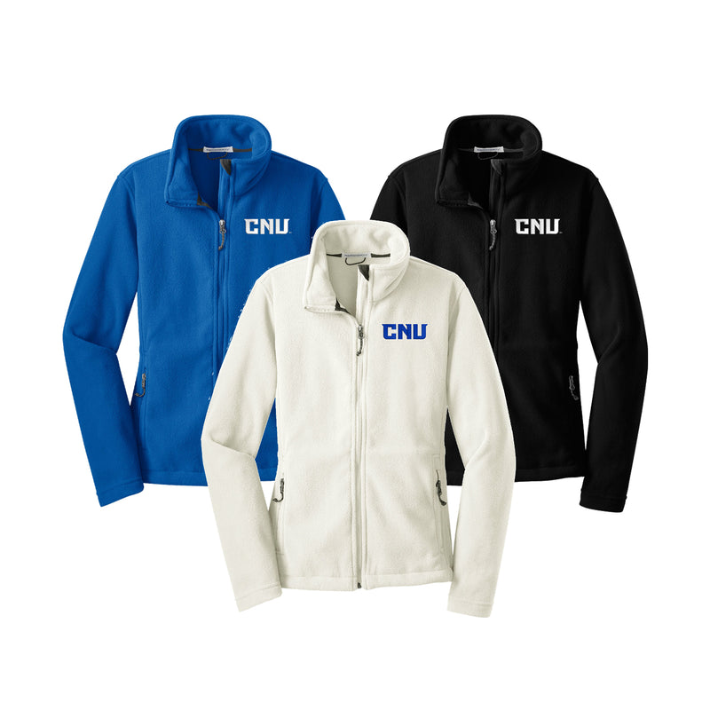 Christopher Newport University Fleece Jackets. Ladies fitted Fleece jacket embroidered with CNU letters on the left chest. CNU jacket available in royal, white or black Ladies Sizes S - 4XL