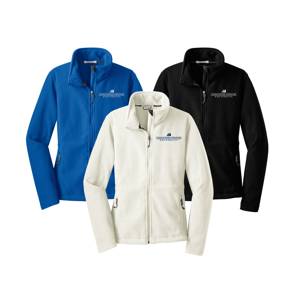 Christopher Newport University Fleece Jackets.  Ladies fitted Fleece jacket embroidered with Christopher Newport University on the left chest. CNU jacket available in royal, white or black Ladies Sizes S - 4XL