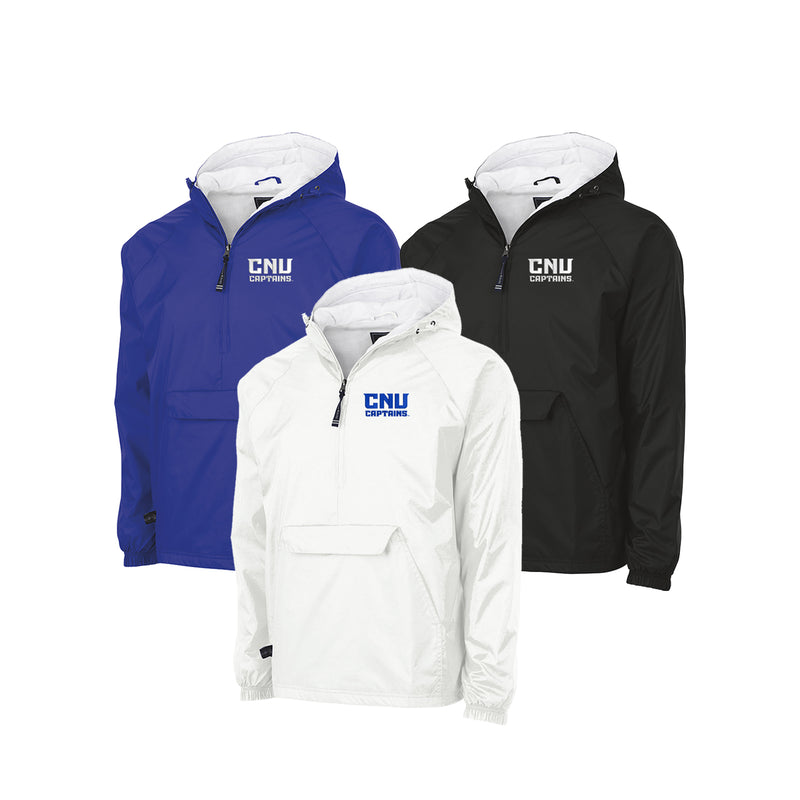 Christopher Newport University Lined Windbreaker embroidered with CNU and CAPTAINS under the CNU letters.  Charles River classic flannel lined CNU Captains windbreaker in royal, white or black. Sizes S-3XL