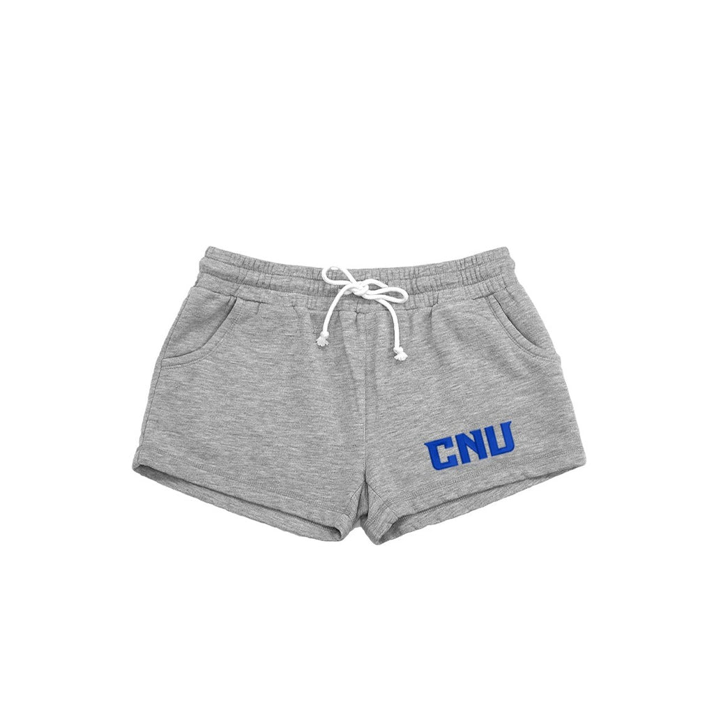 Christppher Newport University Rally Shorts.  Soft athletic grey shorts embroidered with the CNU Letters in royal blue on the left leg.