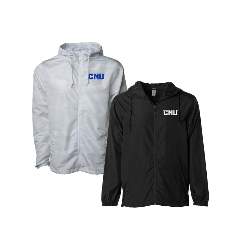 Christopher Newport University Jacket. Full Zip Windbreaker jacket embroidered with the CNU letters.  White Camo or Black. Unisex sizing Xs-3XL