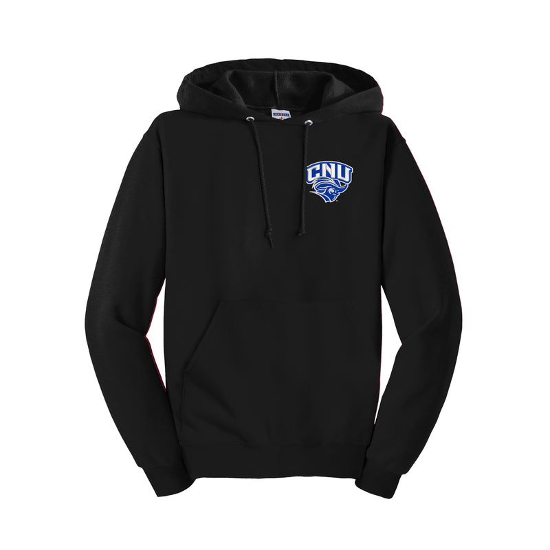 Christopher Newport University Hooded sweatshirt embroidered with the CNU Captain Mascot on the left chest. Black CNU Captains Hooded Sweatshirt Unisex sizing s-4x