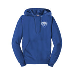 Christopher Newport University Hooded sweatshirt embroidered with the CNU Captain Mascot on the left chest. CNU Captain Logo Royal Blue Sweatshirt