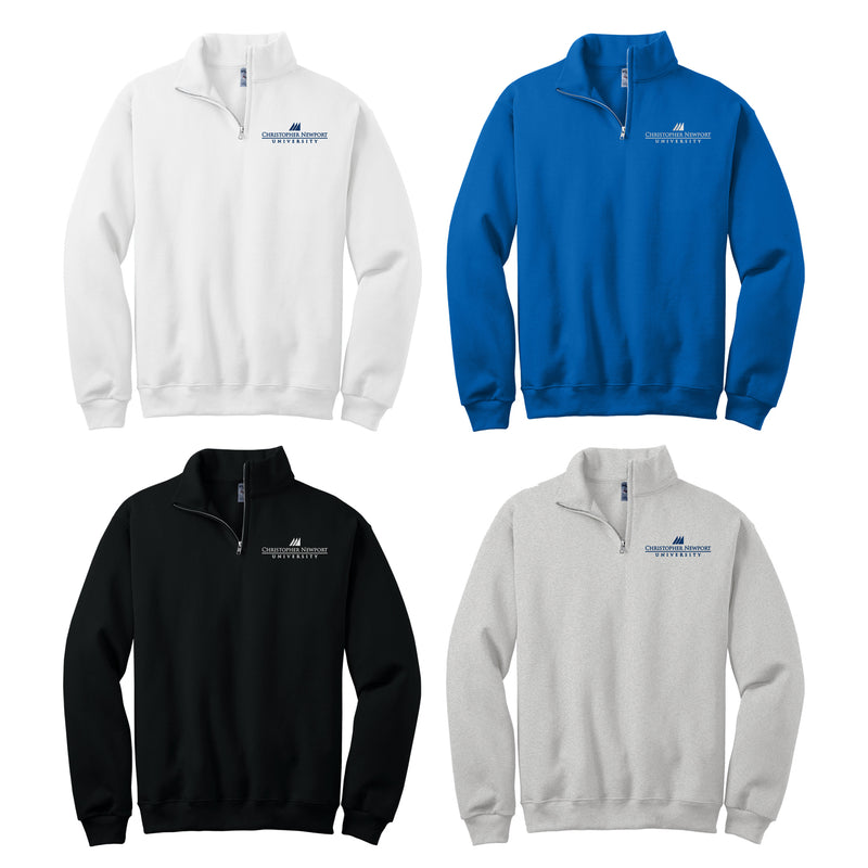 Christopher Newport University Quarter Zip Sweatshirt embroidered with Christopher Newport University logo.  Choose from Ash Grey, Black, White or Royal Blue Christopher Newport University Sweatshirt.  Available in Sizes Small thru 3XL