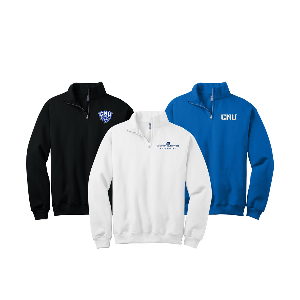 Christopher Newport University Quarterzip sweatshirt embroidered with choice of CNU Captains logos.  Royal Blue CNU Sweatshirt, Black CNU Sweatshirt, White CNU Sweatshirt, Christopher Newport Plus Size Sweatshirt