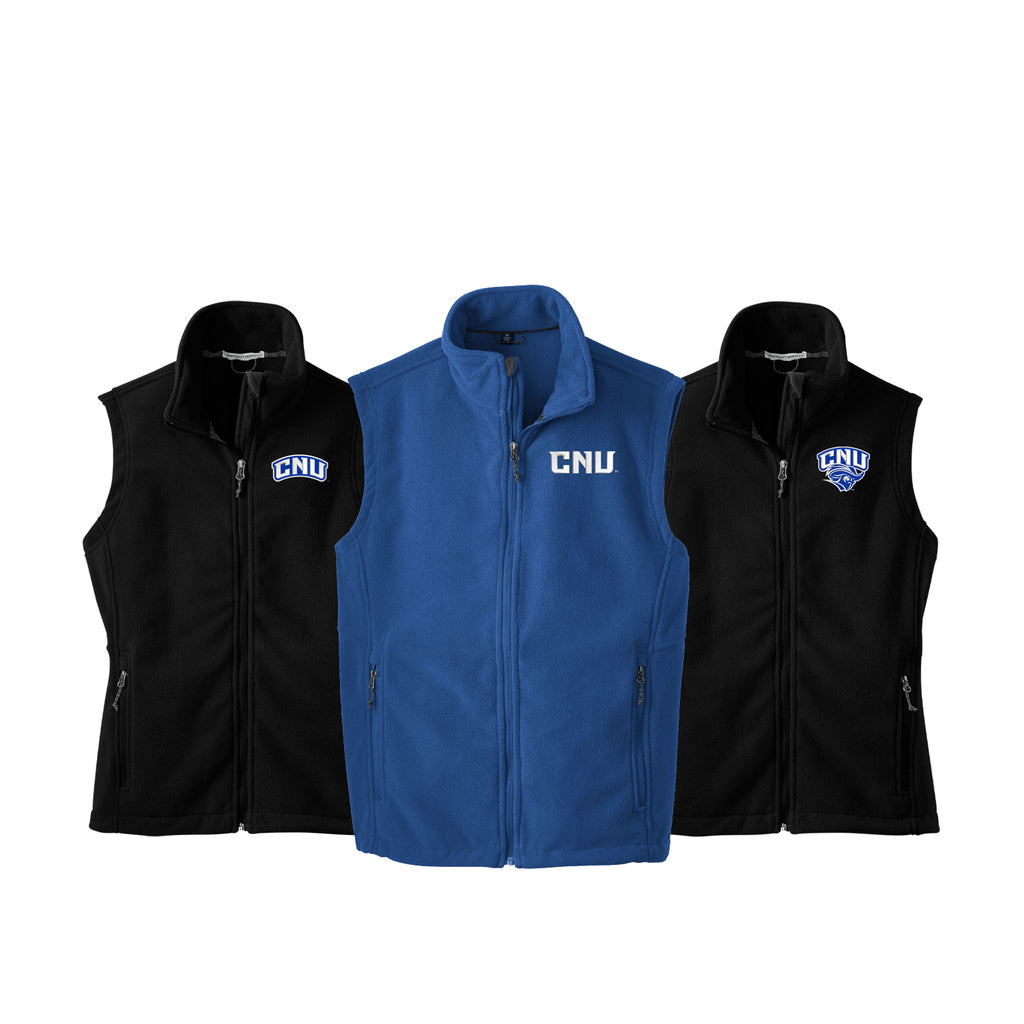 Christopher Newport University Fleece Vest.  Midweight fleece vest embroidered with choice of CNU Captains logos.  Available in ladies or unisex sizing XS-4XL.  Royal or black
