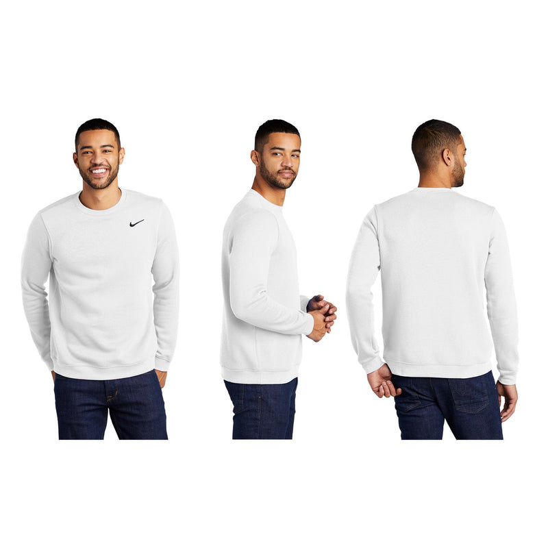 Male model wearing white crewneck sweatshirt - front angle, side angle, back angle