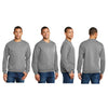 Male model showing 4 angles of grey crewneck, wearing jeans