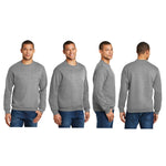Male model showing 4 angles of grey crewneck, wearing jeans