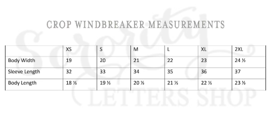 Crop windbreaker measurement chart