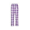 Lavender and purple plaid flannel pants with white Kstate Powercat logo embroidered on left left.  White ribbon drawstring.