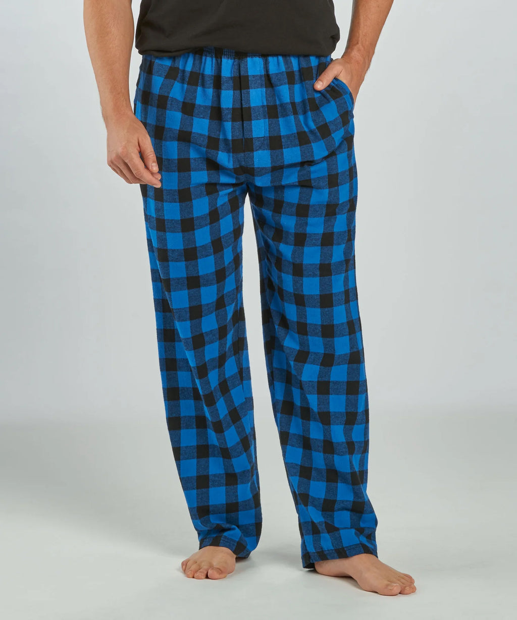 Christopher Newport University Flannel Pajama and Tshirt Set.  Black Long sleeve tshirt with the CNU Captain mascot in white.  Royal and black buffalo check flannel pants.