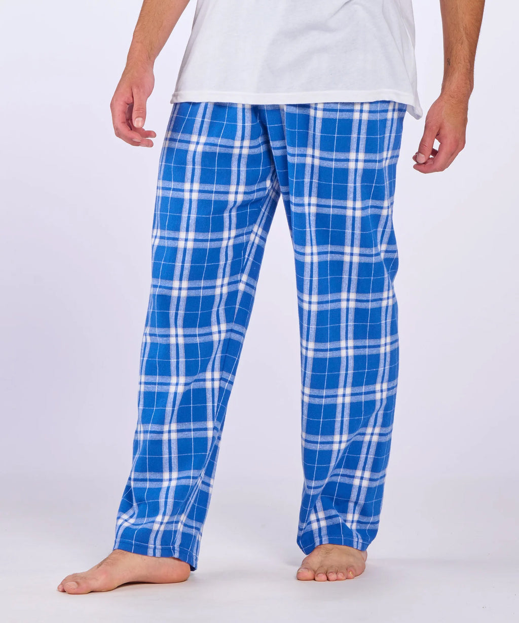 Christopher Newport University Flannel  Pj Set.  Royal blue long sleeve tshirt printed with the CNU Captain logo in white.  Comes with royal and white flannel pants.