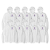 Sweatshirt chart showing the different sports with the diamond f.  White with purple Furman Diamond F with the different sports offered.