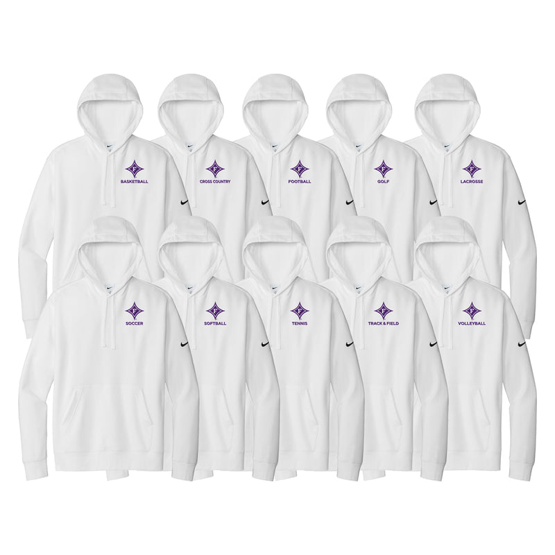 Sweatshirt chart showing the different sports with the diamond f.  White with purple Furman Diamond F with the different sports offered.