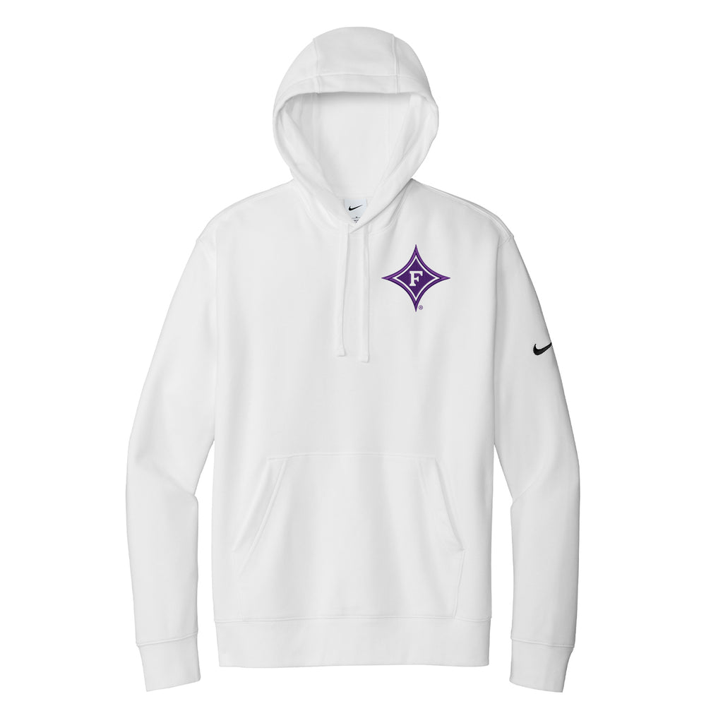 White Nike Hooded Sweatshirt embroidered with the Furman Diamond F in purple on the left chest.  Black Nike swoosh on the outer left arm