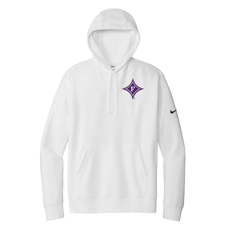 White Nike Hooded Sweatshirt embroidered with the Furman Diamond F in purple on the left chest.  Black Nike swoosh on the outer left arm