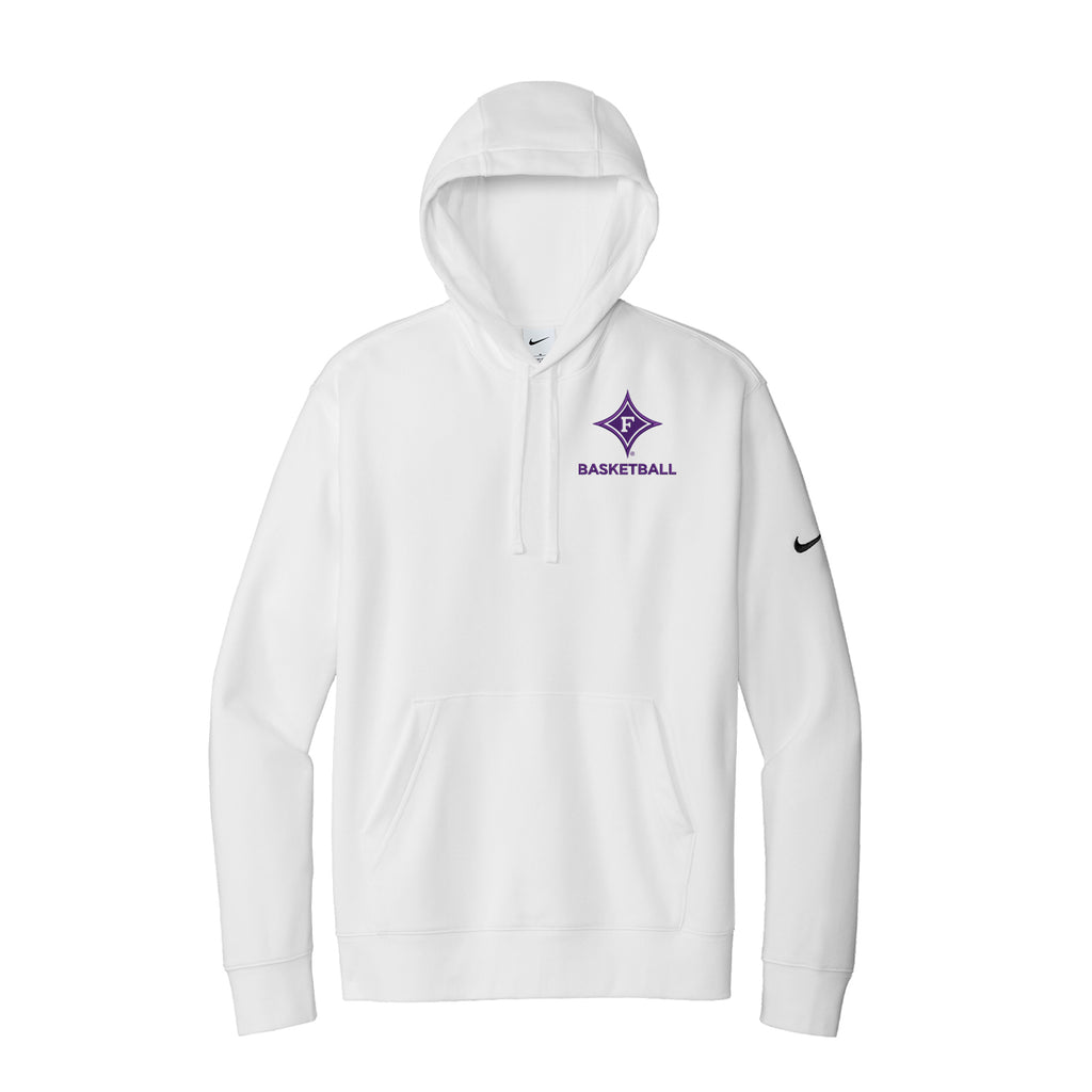 White Nike hooded sweatshirt embroidered in purple the Furman Diamond F and Basketball under it.