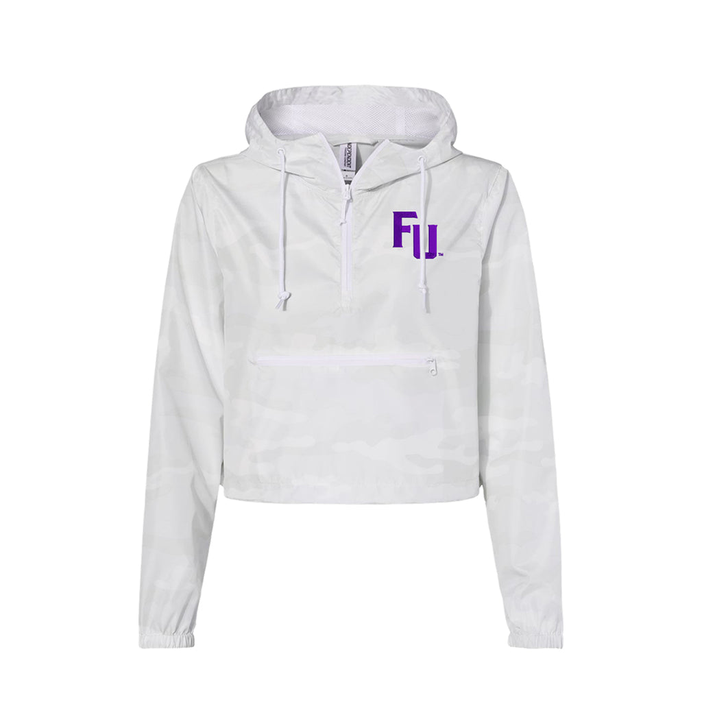 White camo cropped length windbreaker embroidered with the FU Wordmark in purple.