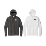 Color chart for Furman Diamond F Nike Hooded Sweatshirts.  One Anthracite with white embroidery and one white with purple sweatshirt.