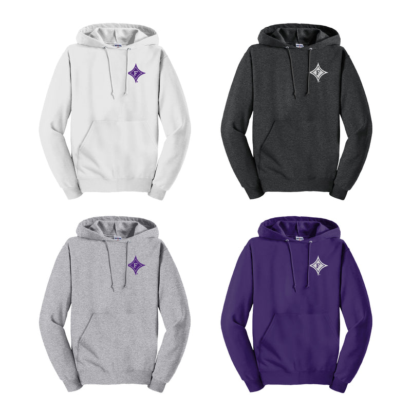 Hooded sweatshirt Furman Diamond F color chart.  White, Athletic Grey, Purple or  Dark Heather Grey