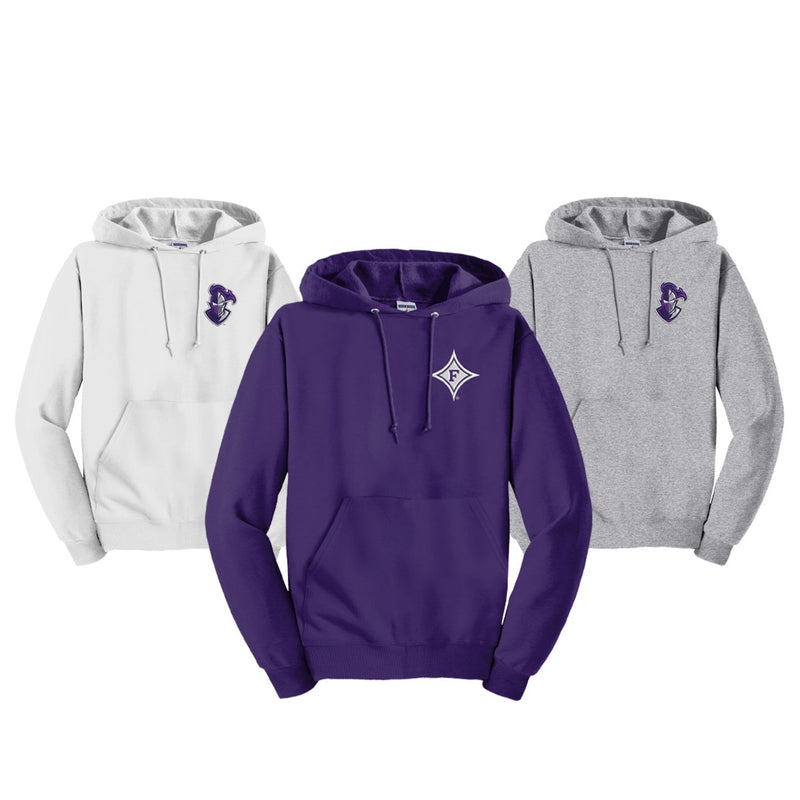 3 hooded sweatshirts showing the different furman logos available.  Diamond F or Furman Paladin