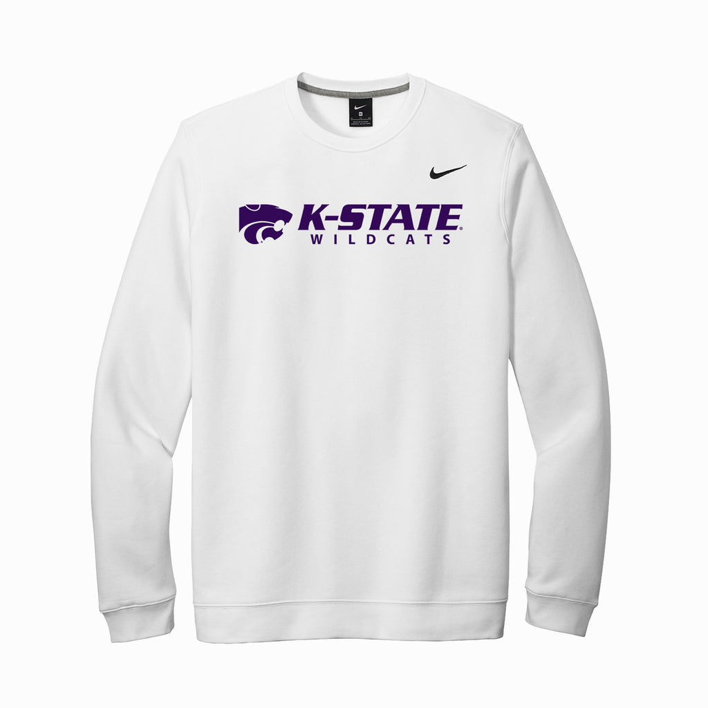 White Nike crewneck printed in purple the K-state Wildcats horizontal logo.