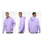 Male model wearing lavender hoodie - showing 3 different angles - front, back and side.