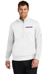 Male model wearing White half zip Nike sweatshirt with Purple K-STATE