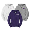 Trio of zip up hoodies with different color combos and Kstate logos.  White with K-state Power cat logo, purple with K-state and Grey with Powercat.