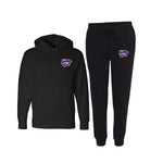 Black hooded sweatshirt and jogger - both embroidered with Purple K-State