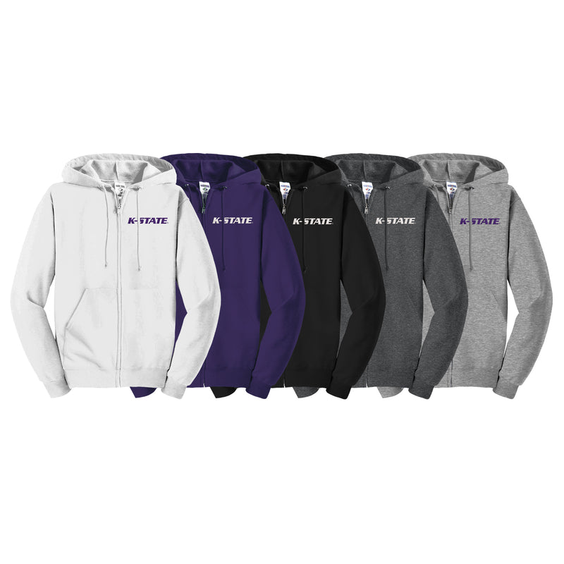 Color chart of 5 zip up hoodies with embroidered K-STATE on left chest.  White with purple, purple with white, black with purple, dark heather grey with white and athletic grey with purpel