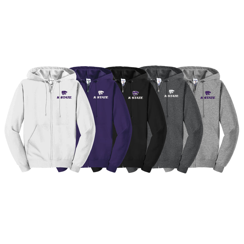 Color chart of 5 zip up hoodies with embroidered K-STATE and powercat on left chest.  White with purple, purple with white, black with purple, dark heather grey with white and athletic grey with purpel