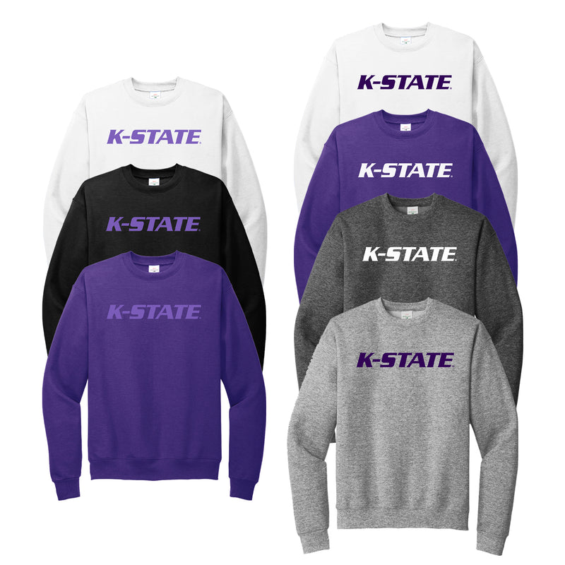 Group of 7 K-STATE Crewneck Sweatshirts in assortment of color combos.  White with Lavender, White with purple, black with lavender, purple with white, purple with lavender, dark heather with white and athletic grey with purple