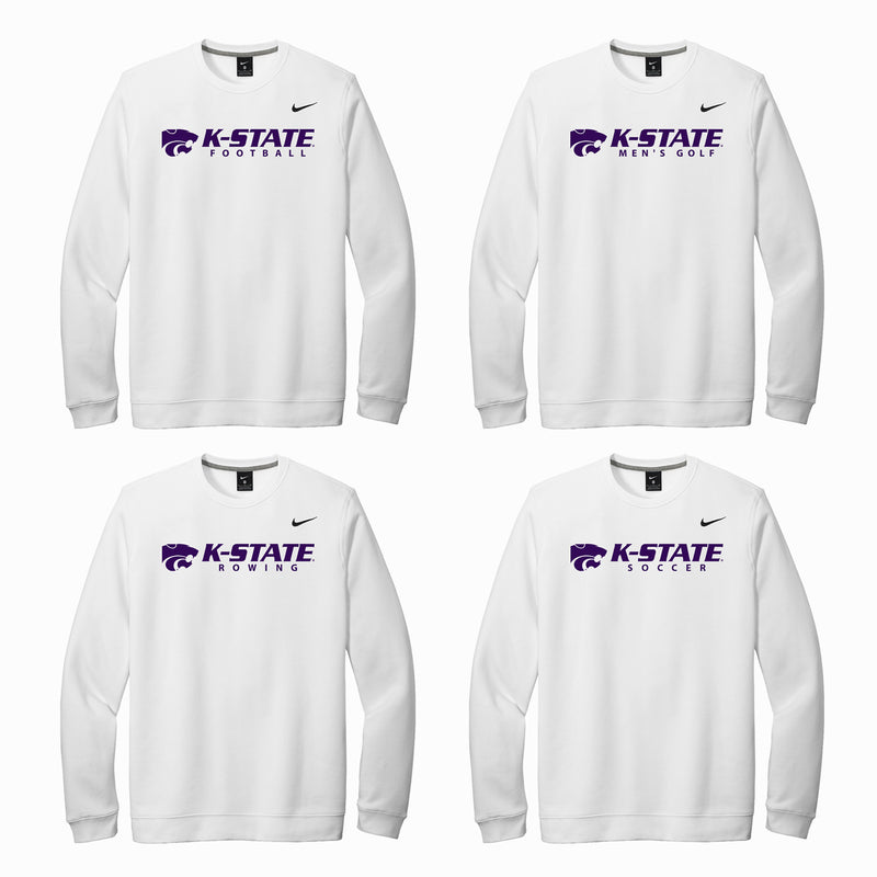 4 white crewnecks with K-state horizontal logo and different sports.