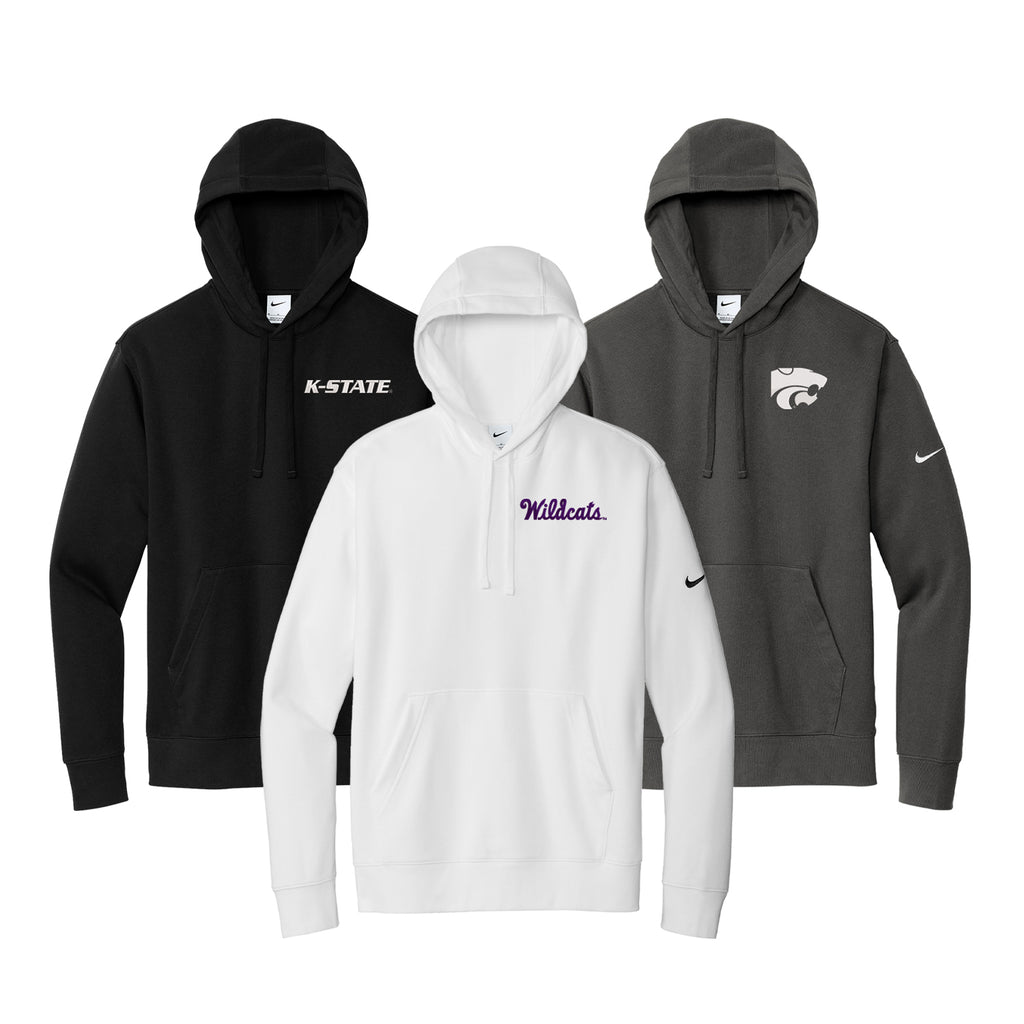 Trio of nike Hooded Pullovers embroidered with K-state logos on left chest.  Black with White K-STATE, White with Purple Script Wildcats, Grey with White Powercat