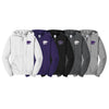 Color chart of 5 zip up hoodies with embroidered powercat on left chest.  White with purple, purple with white, black with purple, dark heather grey with white and athletic grey with purpel