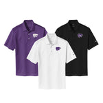 Kansas State University trio of Nike Polos.  Each embroidered with Powercat on left chest.  One purple with white, one black with purple,  one white with purple.