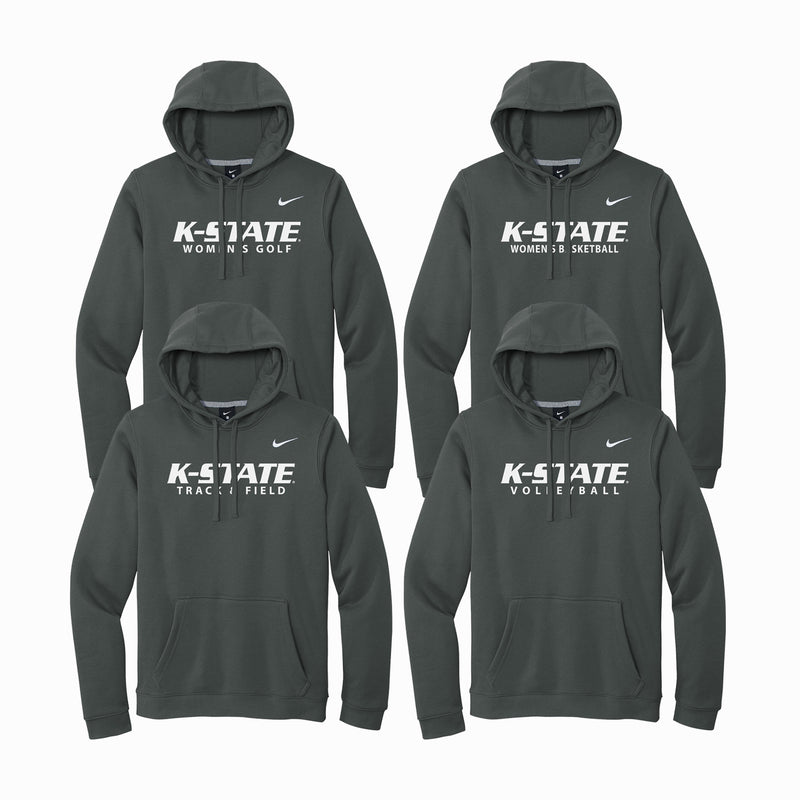 K-STATE Nike hooded Sweatshirt.  Grey sweatshirt printed in white K-STATE and choice of K-state sport. White  Nike swoosh on left chest