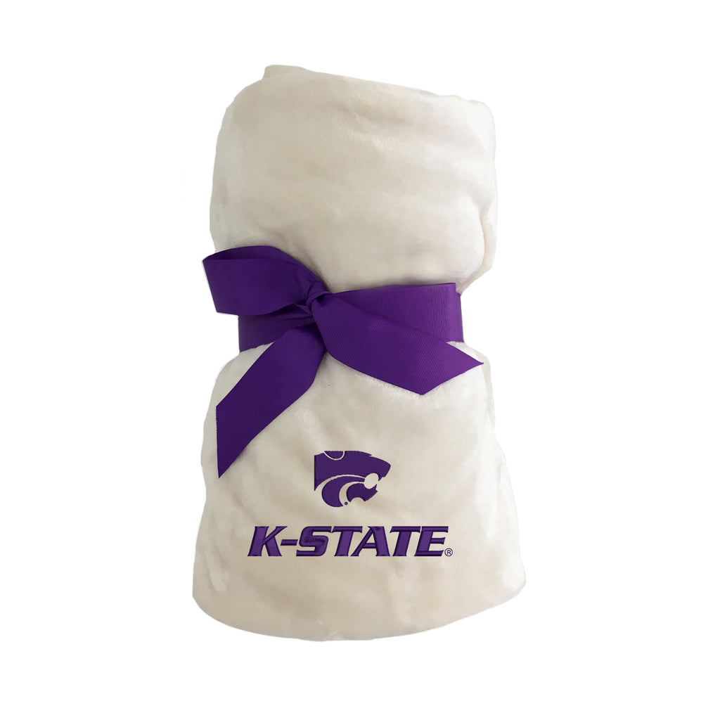 Beige tahoe fleece blanket with K-STATE Powercat logo embroidered in purple.  Rolled and tied up with Purple gross grain ribbon.