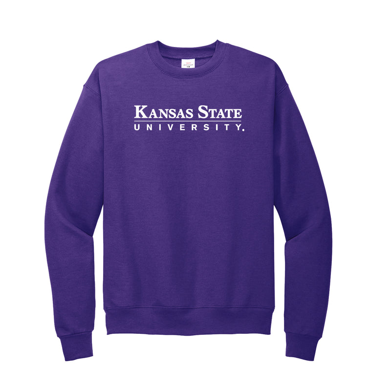 Purple crewneck sweatshirt printed with Kansas State University across the front