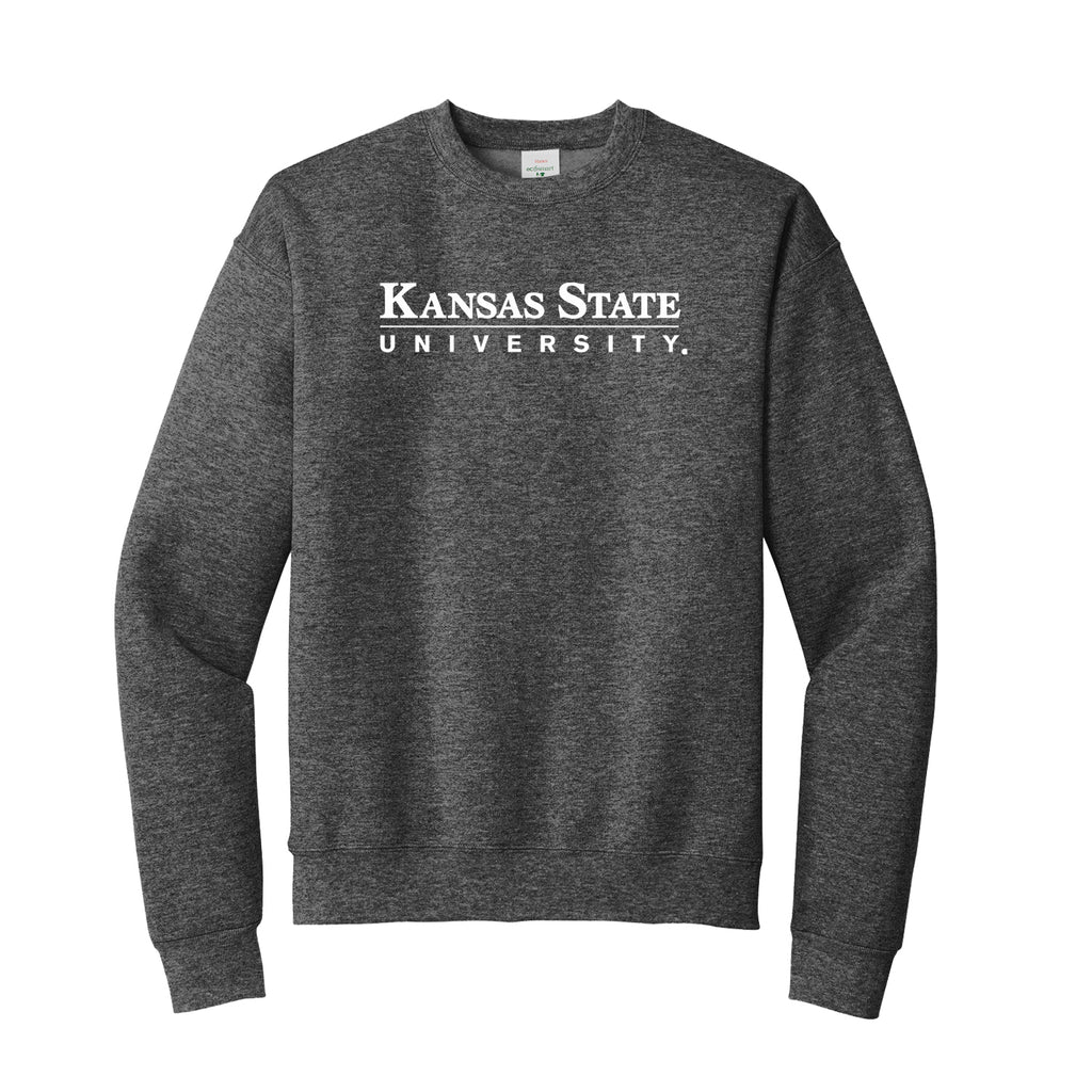 Dark Heather Grey crewneck sweatshirt printed with Kansas State University across the front