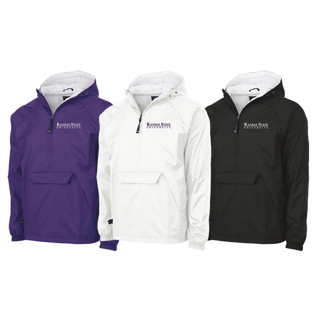 3 lined windbreakers all embroidered with Kansas State University.  Purple with white, white with purple and black with white.